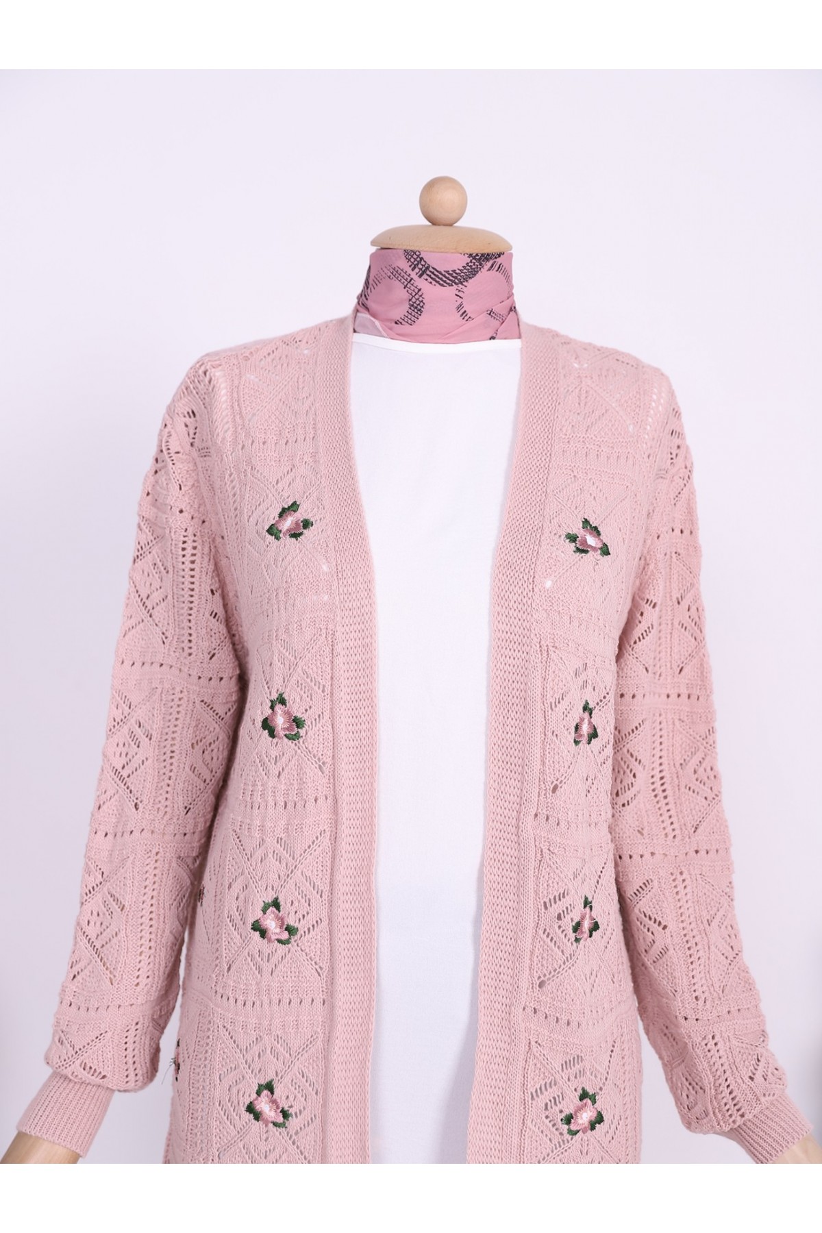 Ajurlu Nakışlı Hırka   -Pudra