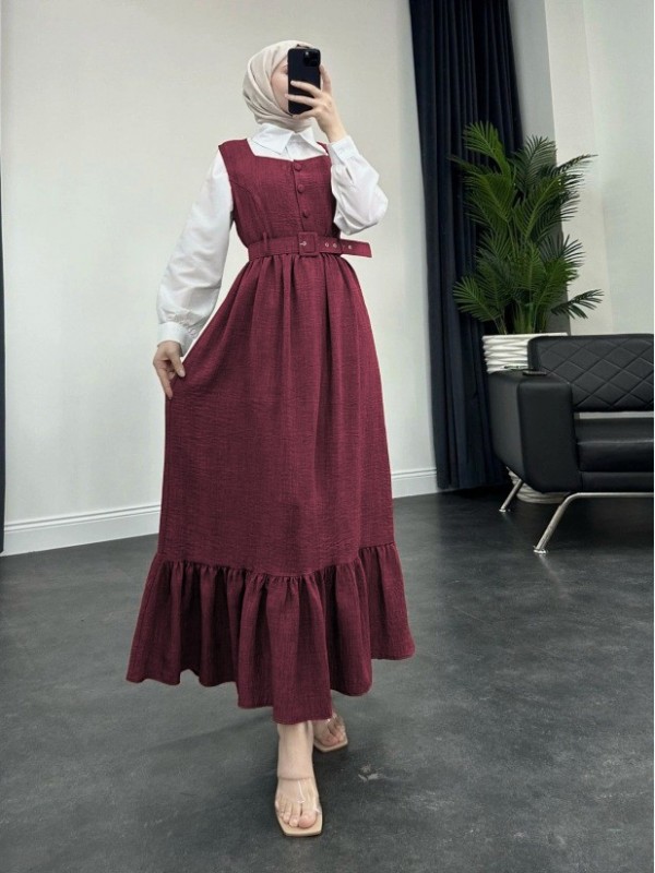 Top Düğmeli Altı Fırfırlı Beli Kemerli  Jile Elbise -Bordo