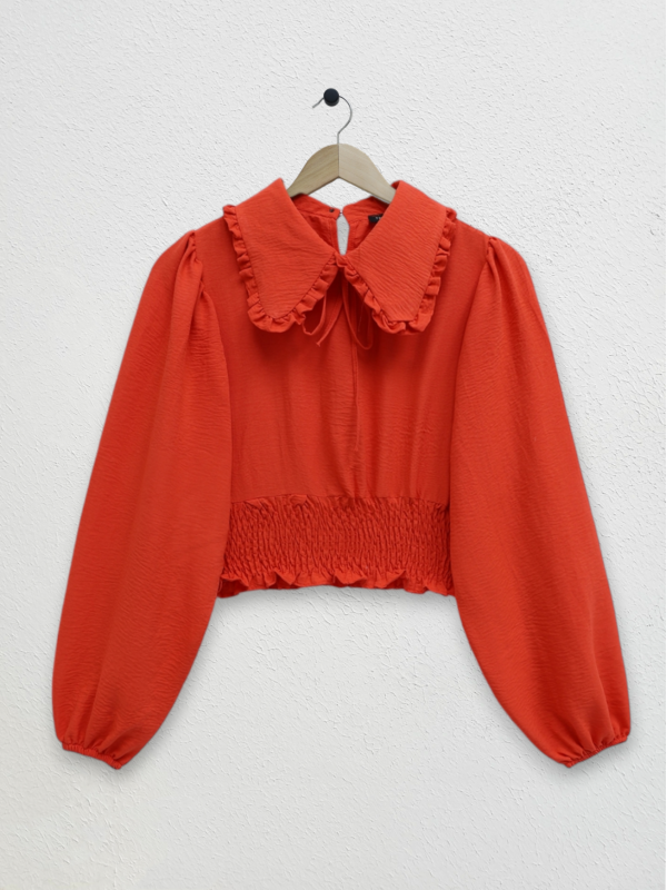 Beli Lastikli Bebe Yaka Uzun Kol Bluz -Nar Çiçeği