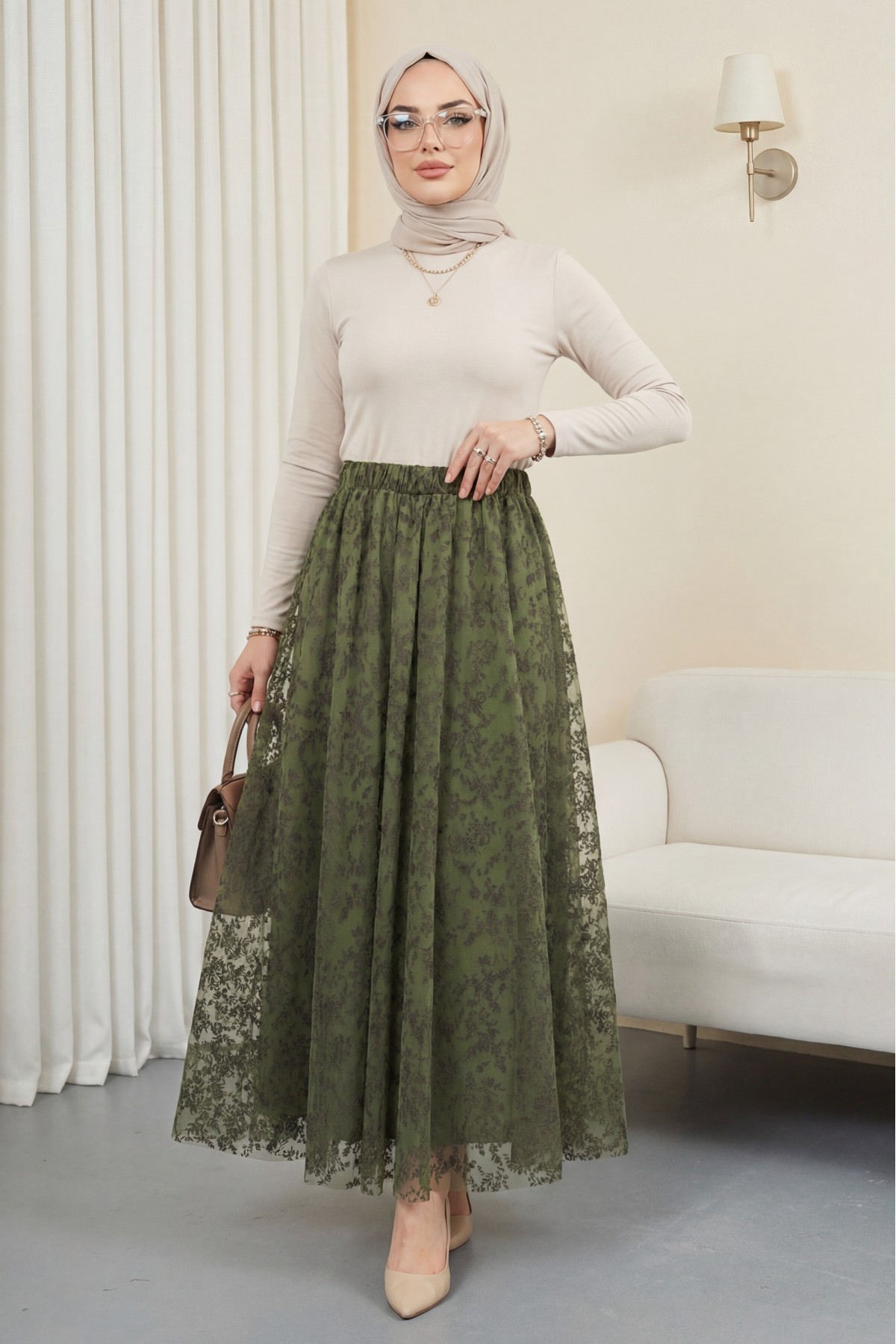 Beli Lastikli Flog Baskılı Astarlı Tül Etek -Haki