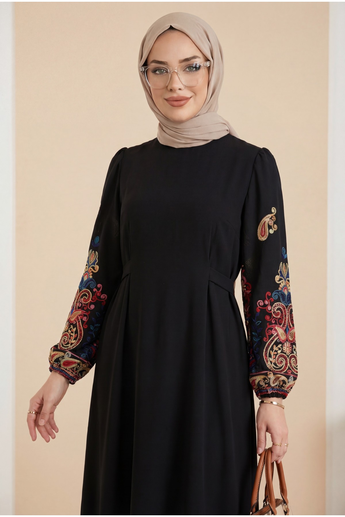 Kolu İşleme Tüllü Bağcıklı Kalem Elbise  -Fuşya