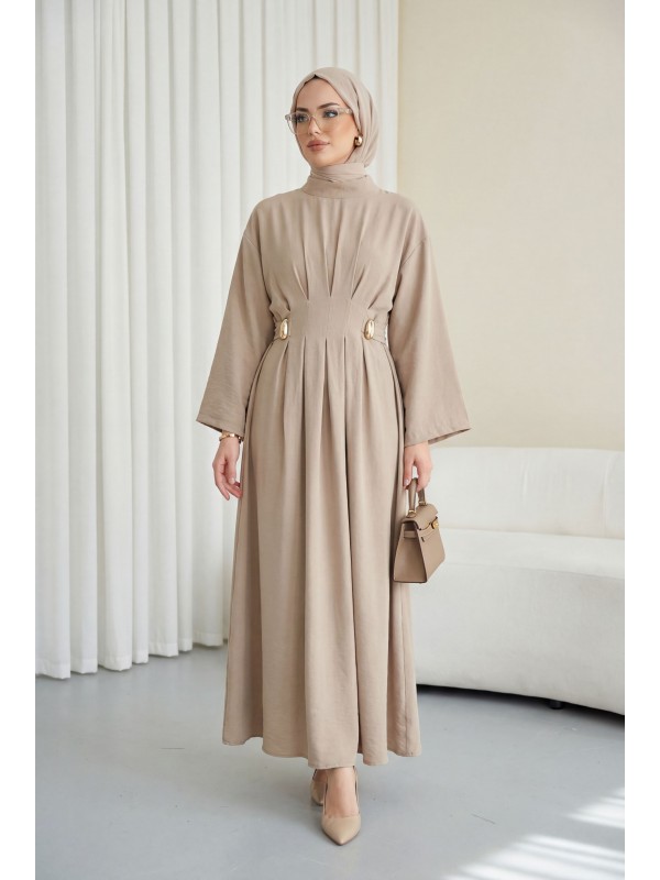 Pileli Beli Kemerli Toka Detaylı Modal Elbise   -Vizon