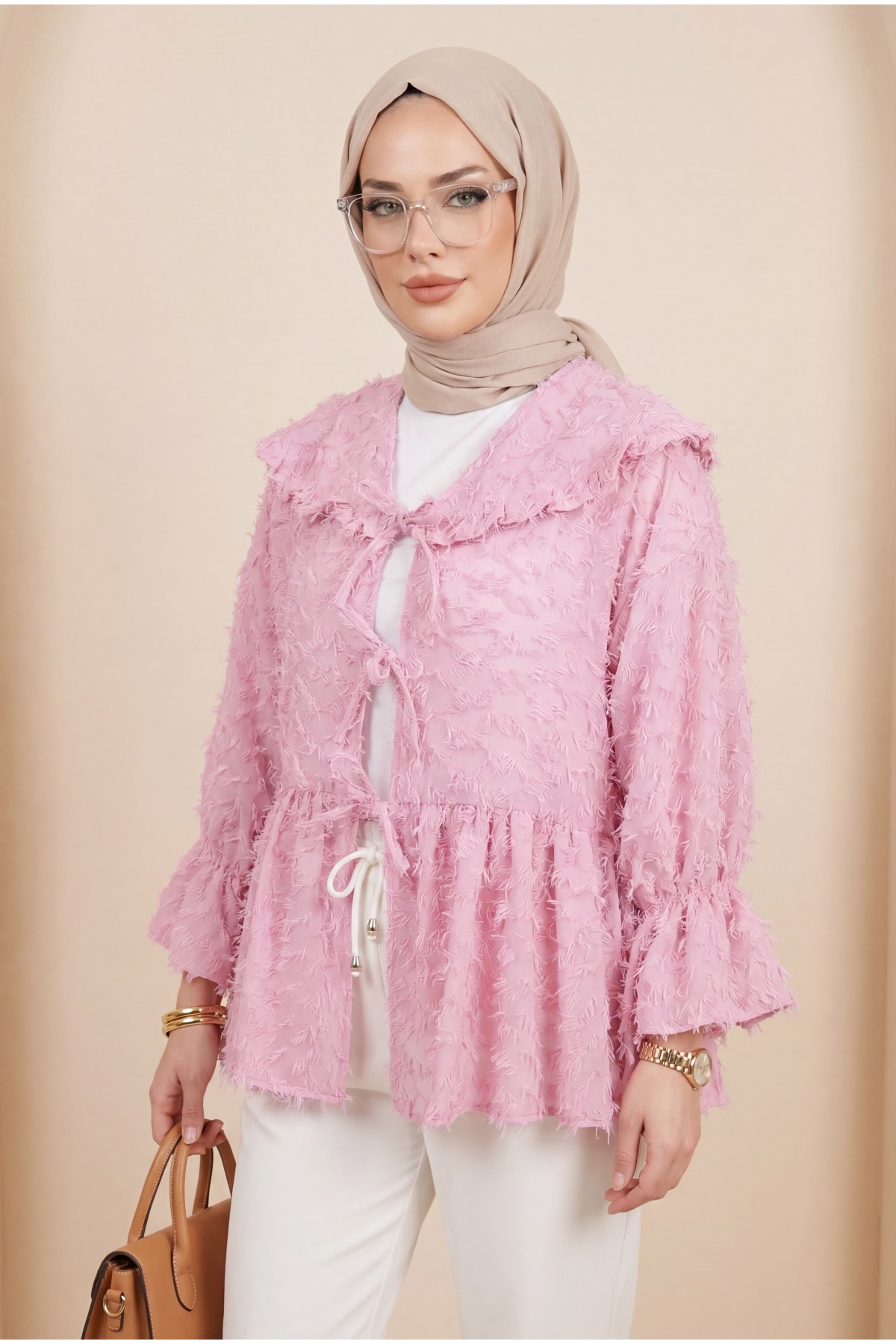 Önü Bağcıklı Tüylü Dokulu Clip Jakar Kimono -Pembe