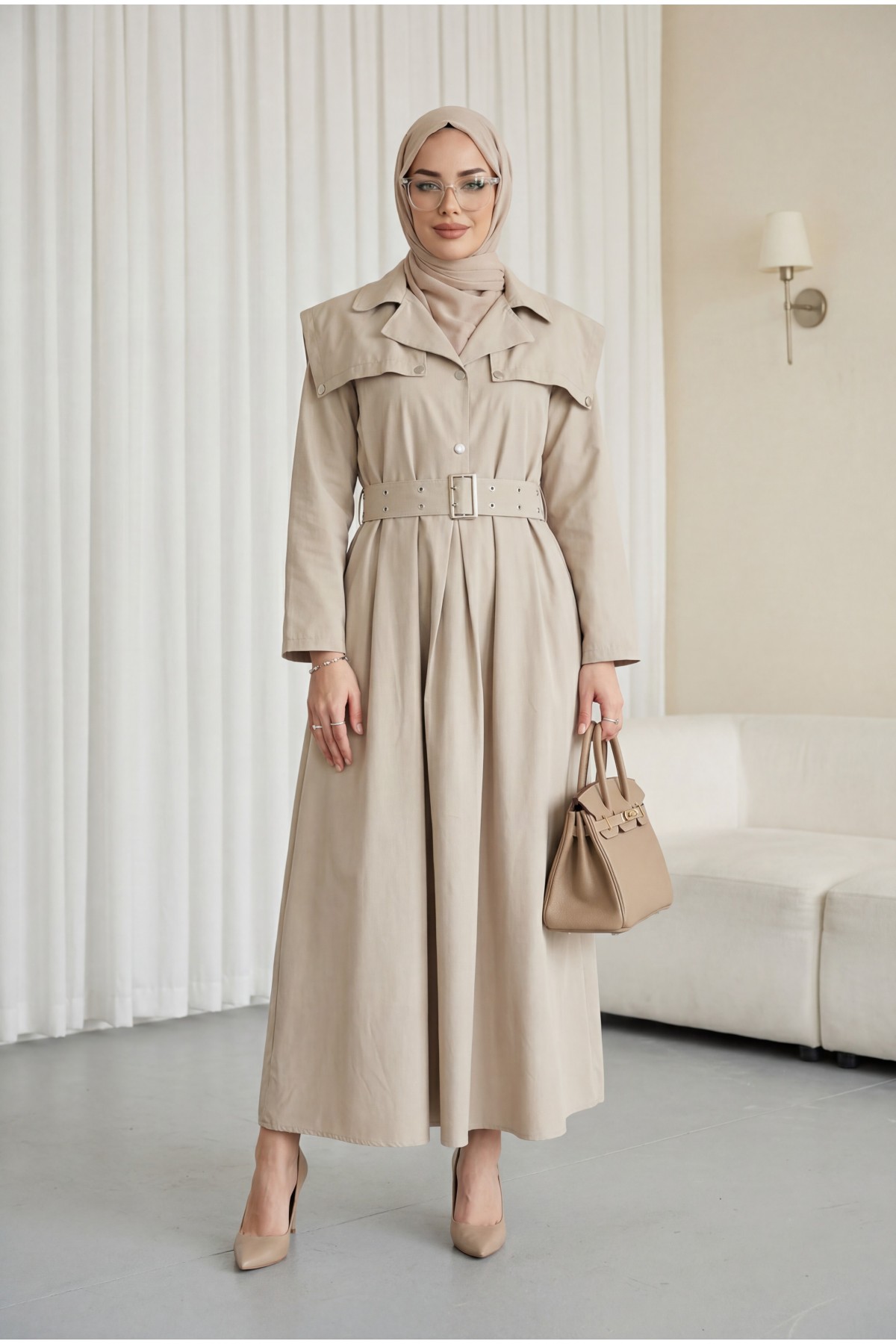 Yarım Düğmeli Yakalı Yan Cepli Kemerli Pamuk Saten Elbise  -Taş