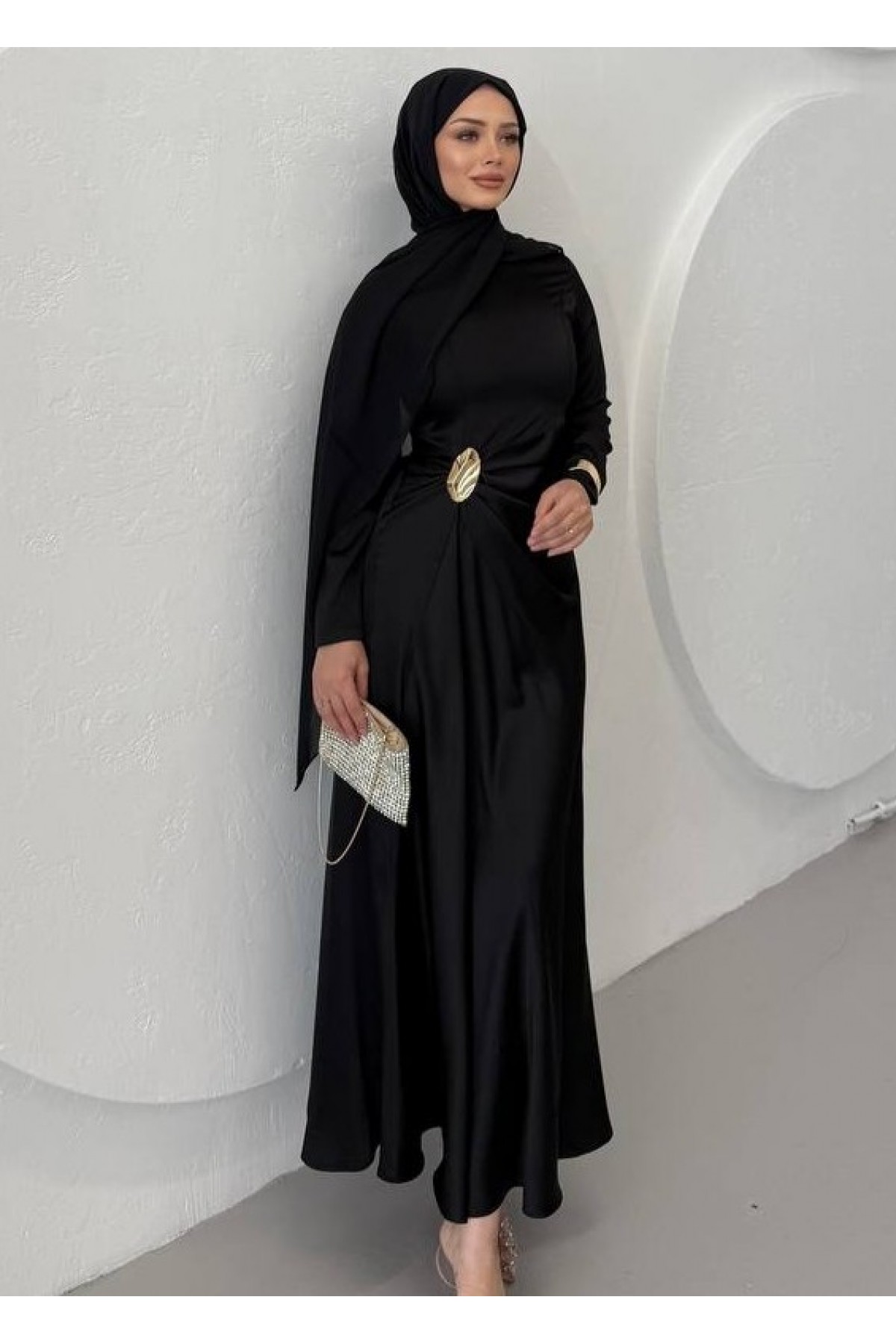 Beli Drapeli Düz Saten Elbise -Siyah