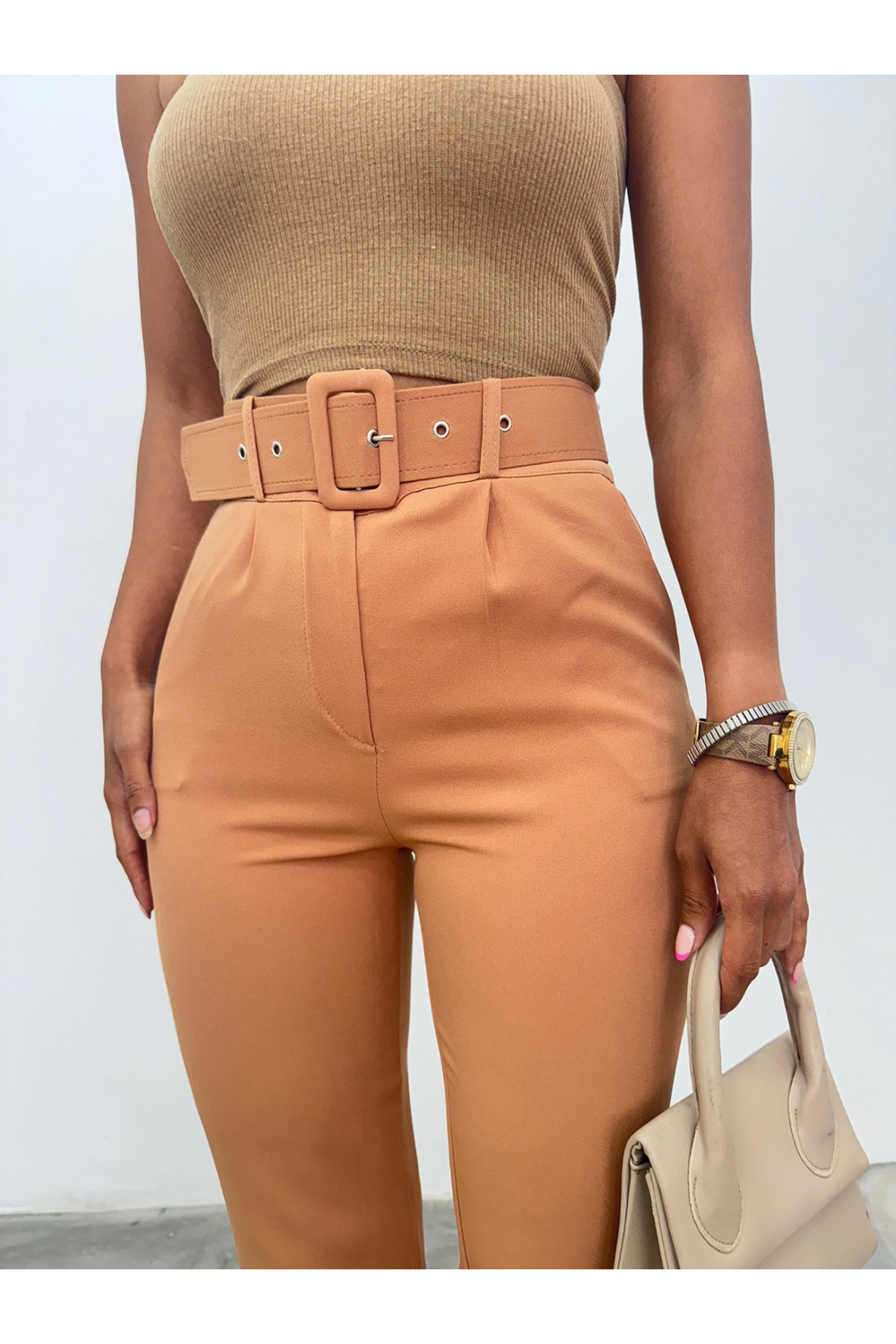 Kalın Kemerli Kumaş Pantalon    -Tarçın
