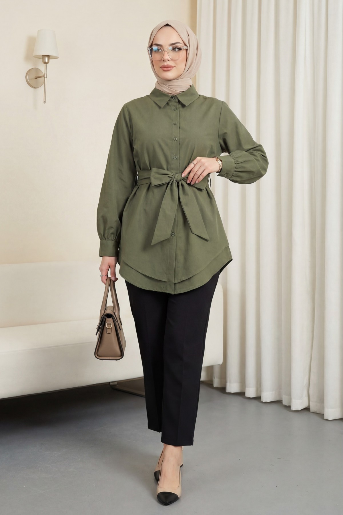 Kendinden Kuşaklı Poplin Tunik -Haki