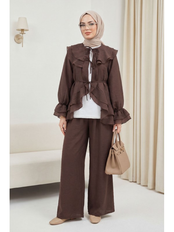 Önü Bağcıklı Kat Yakalı Kolu Lastikli Pantolonu Astarlı Cupra Takım  -Kahve