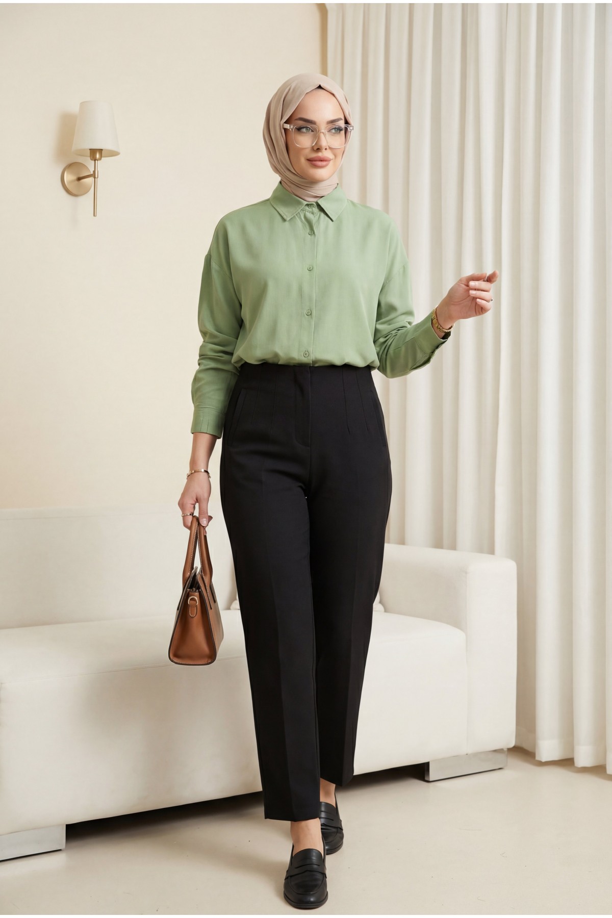 Düğmeli Salaş Viskon Gömlek -Yeşil