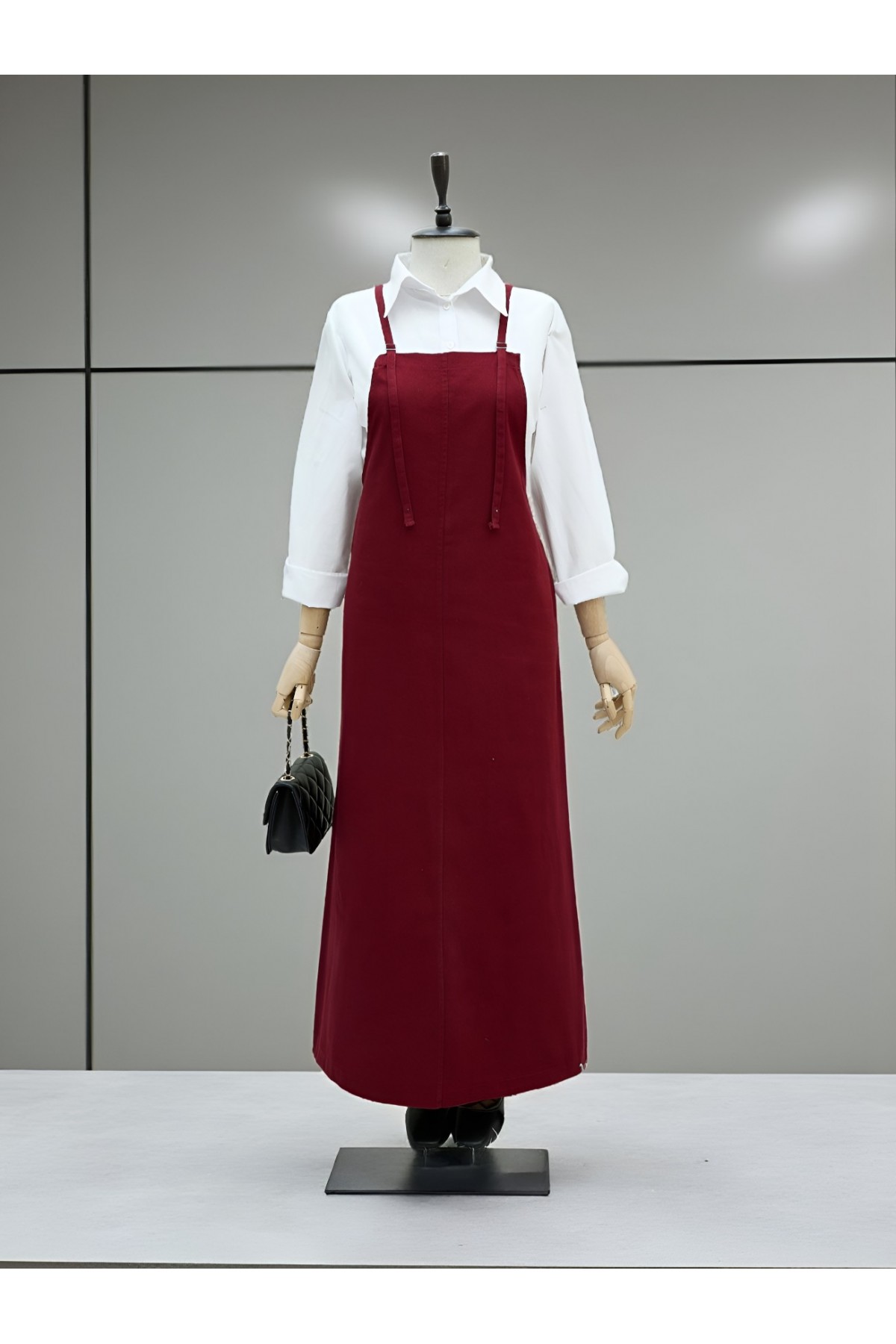 Askılı Gabardin Jile Elbise -Bordo