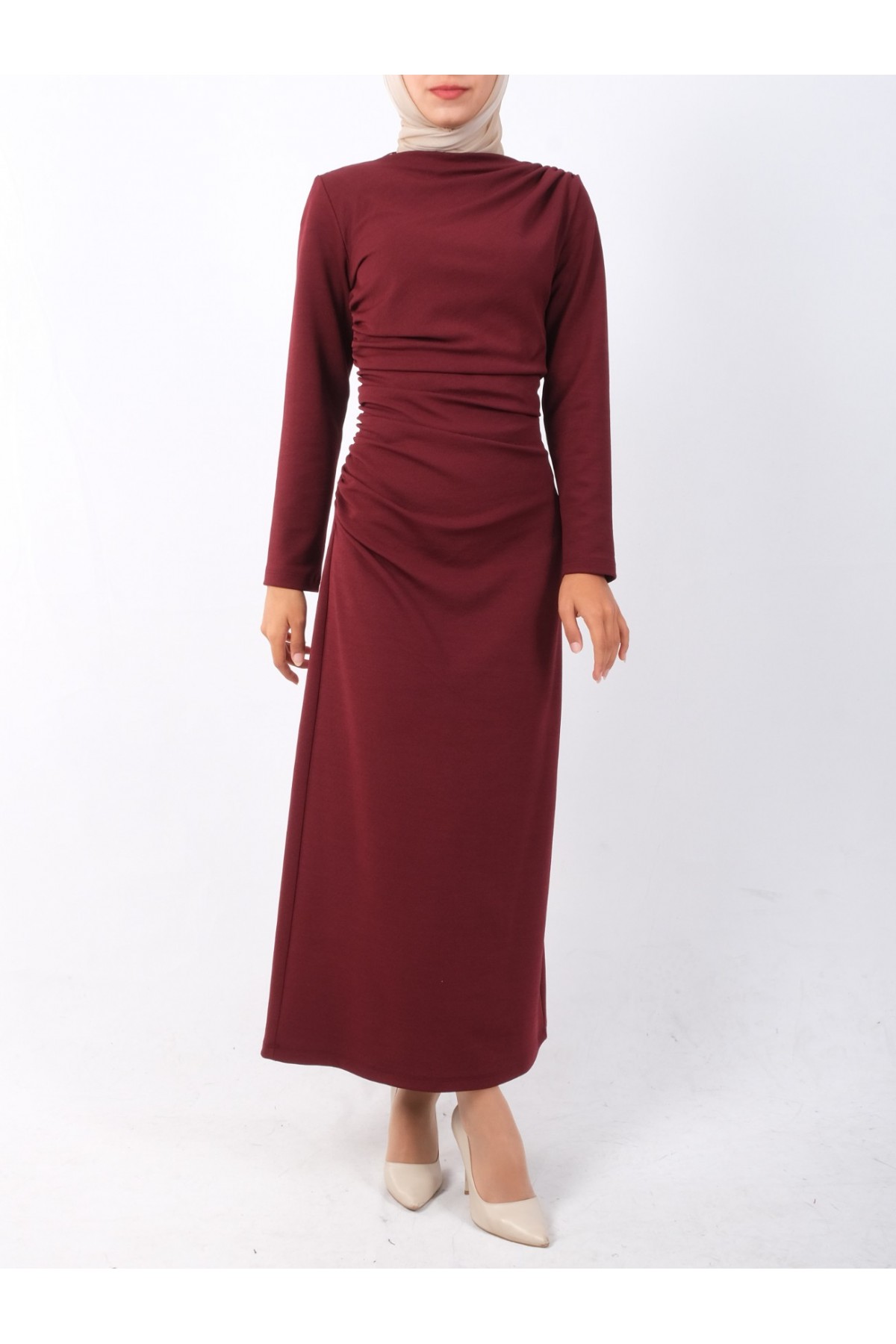 Kayık Yaka Yandan Drapeli Örme Krep Elbise -Bordo