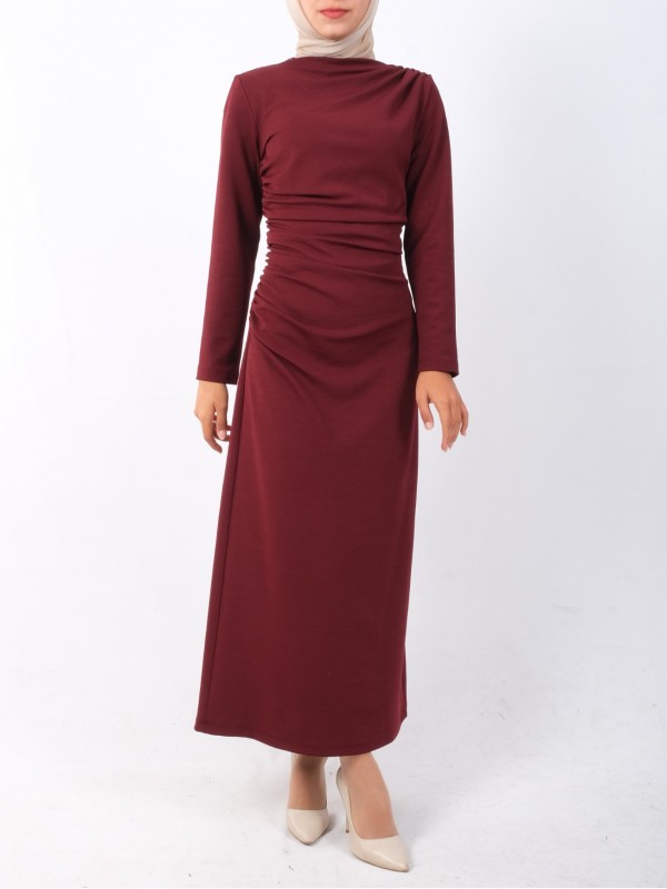 Kayık Yaka Yandan Drapeli Örme Krep Elbise -Bordo