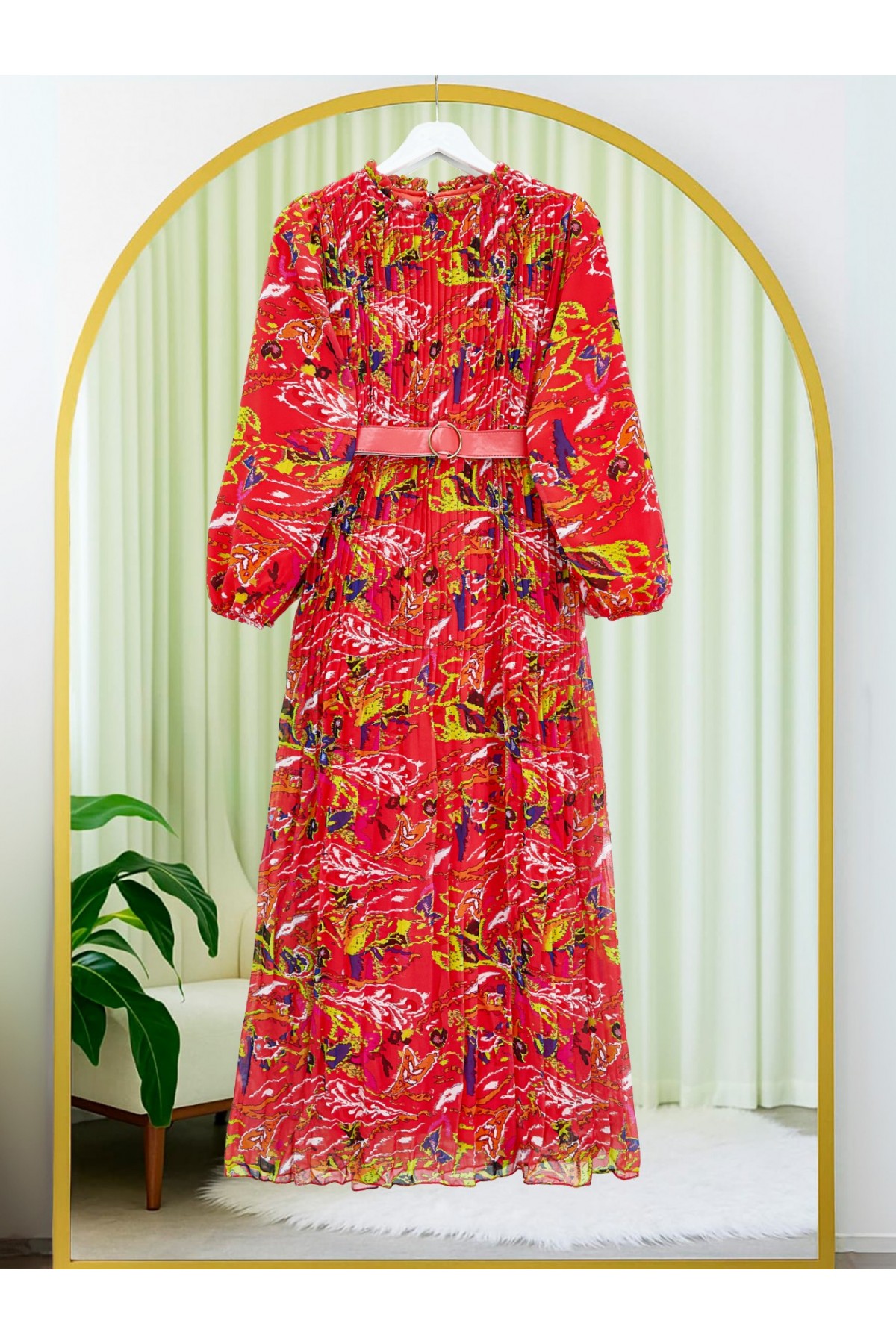 Önü Pileli Kemerli Şifon Elbise -Nar Çiçeği