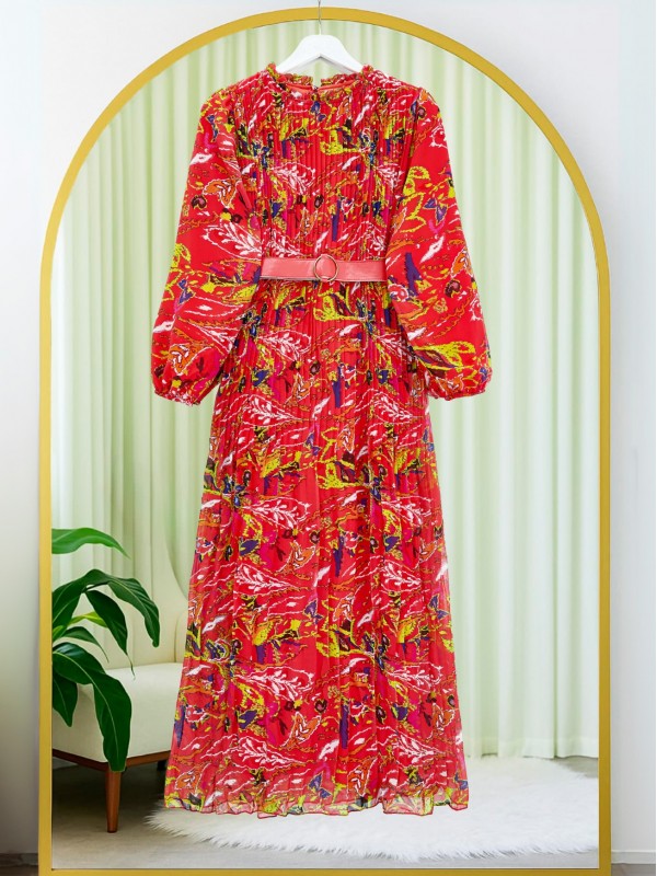 Önü Pileli Kemerli Şifon Elbise -Nar Çiçeği