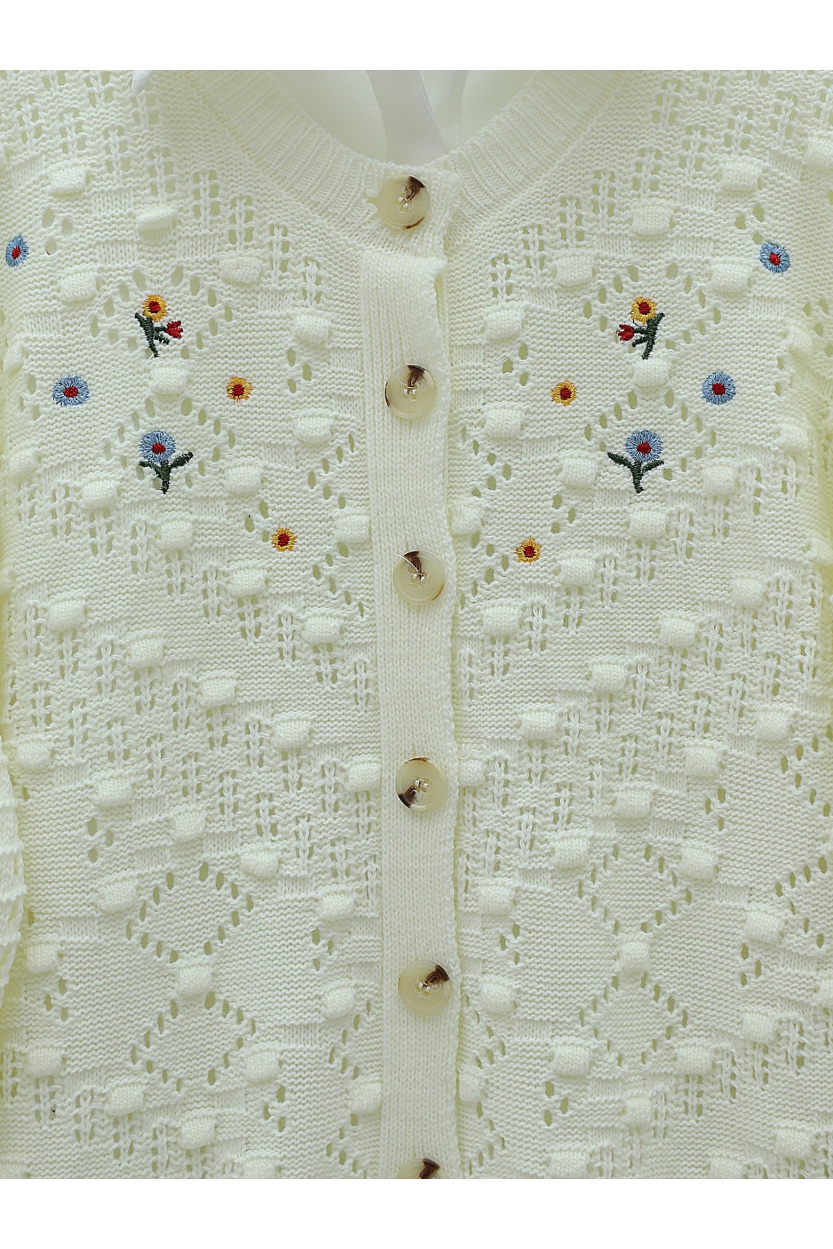 Ponponlu Yuvarlak Yaka Düğmeli Triko Hırka -Ekru