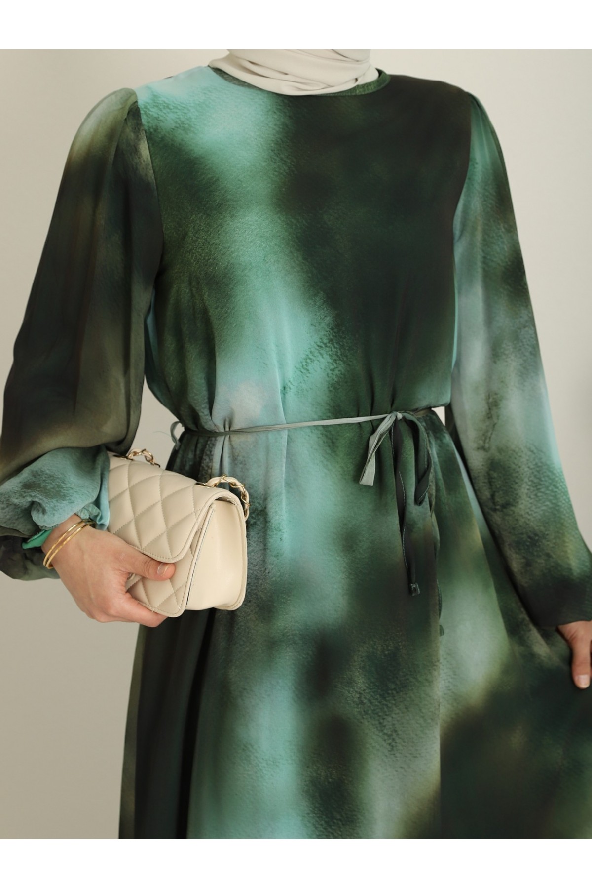 Batik Baskılı Astarlı Şifon Elbise  -Zümrüt