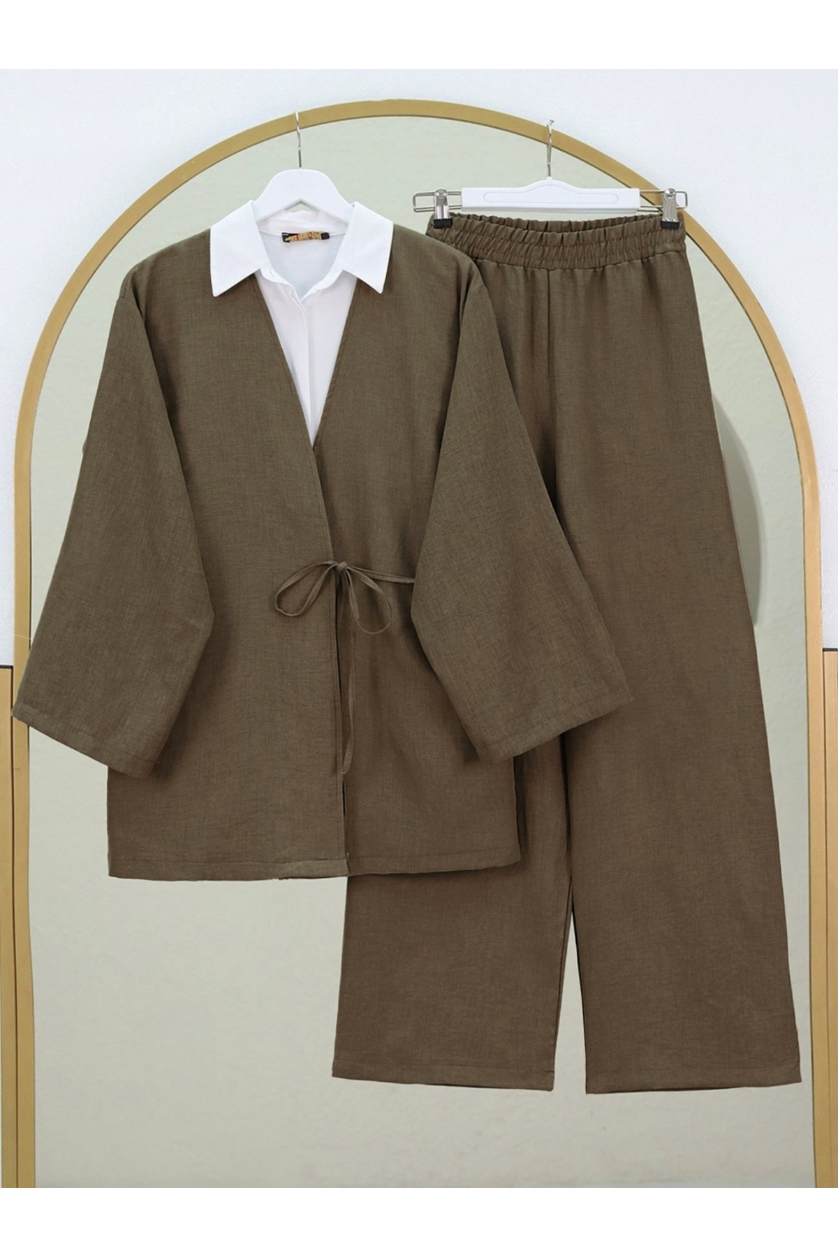 Önden Bağlamalı Pantolonlu Kimono Takım    -Kahve