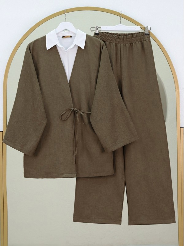 Önden Bağlamalı Pantolonlu Kimono Takım    -Kahve