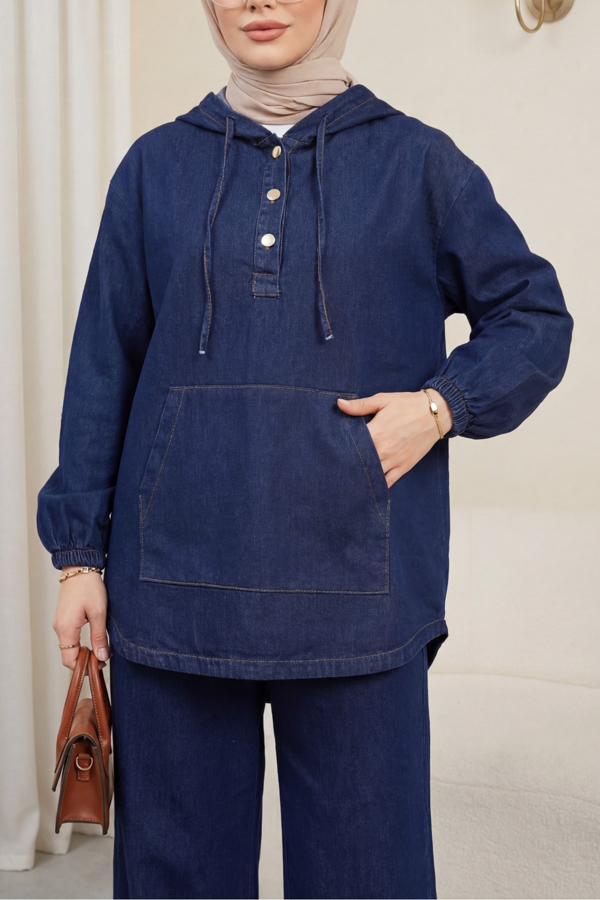 Kapşonlu Yarım Düğmeli Kanguru Cepli Kot Takım -K.Laci