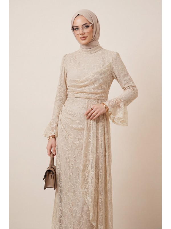 Kol Manşeti Volanlı Önü Drapeli Astarlı Dantel Elbise -Açık Vizon