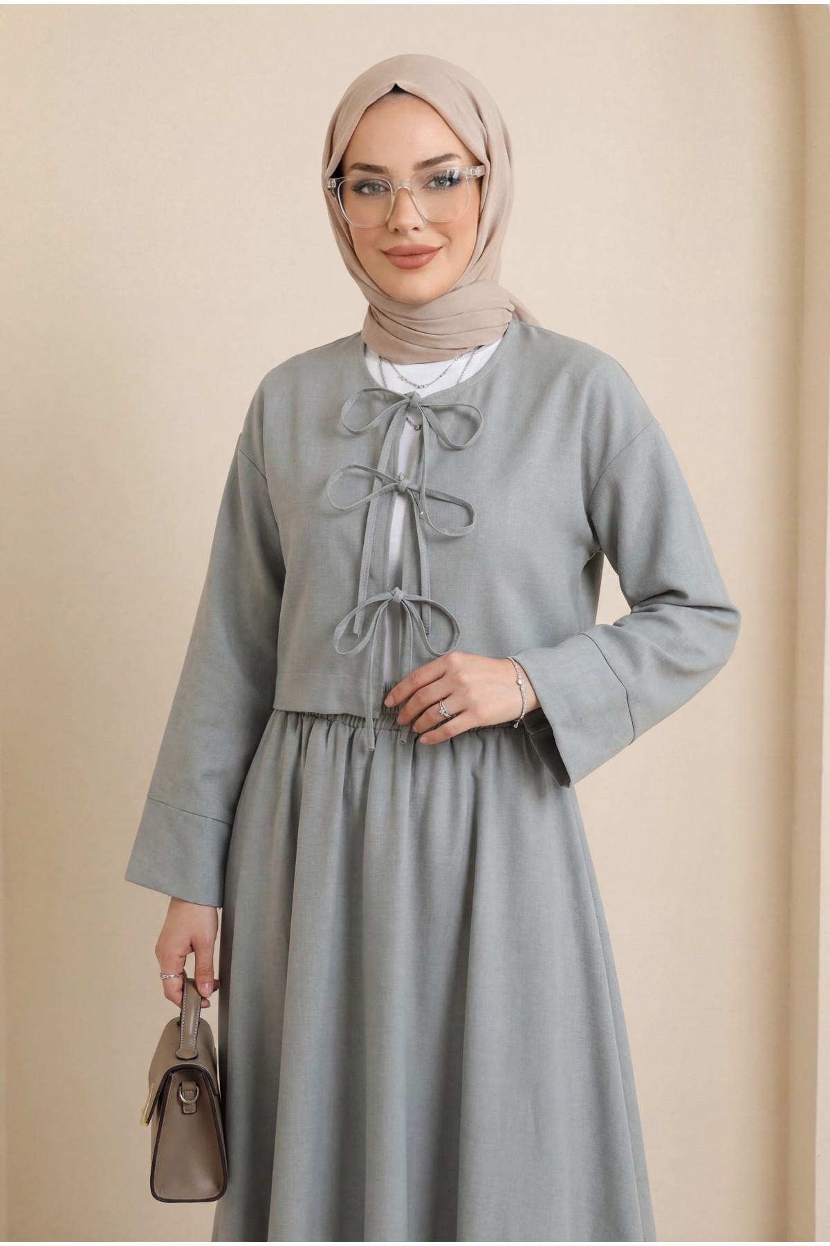 Önü Bağcıklı Beli Lastikli Etekli Keten Takım        -Gri