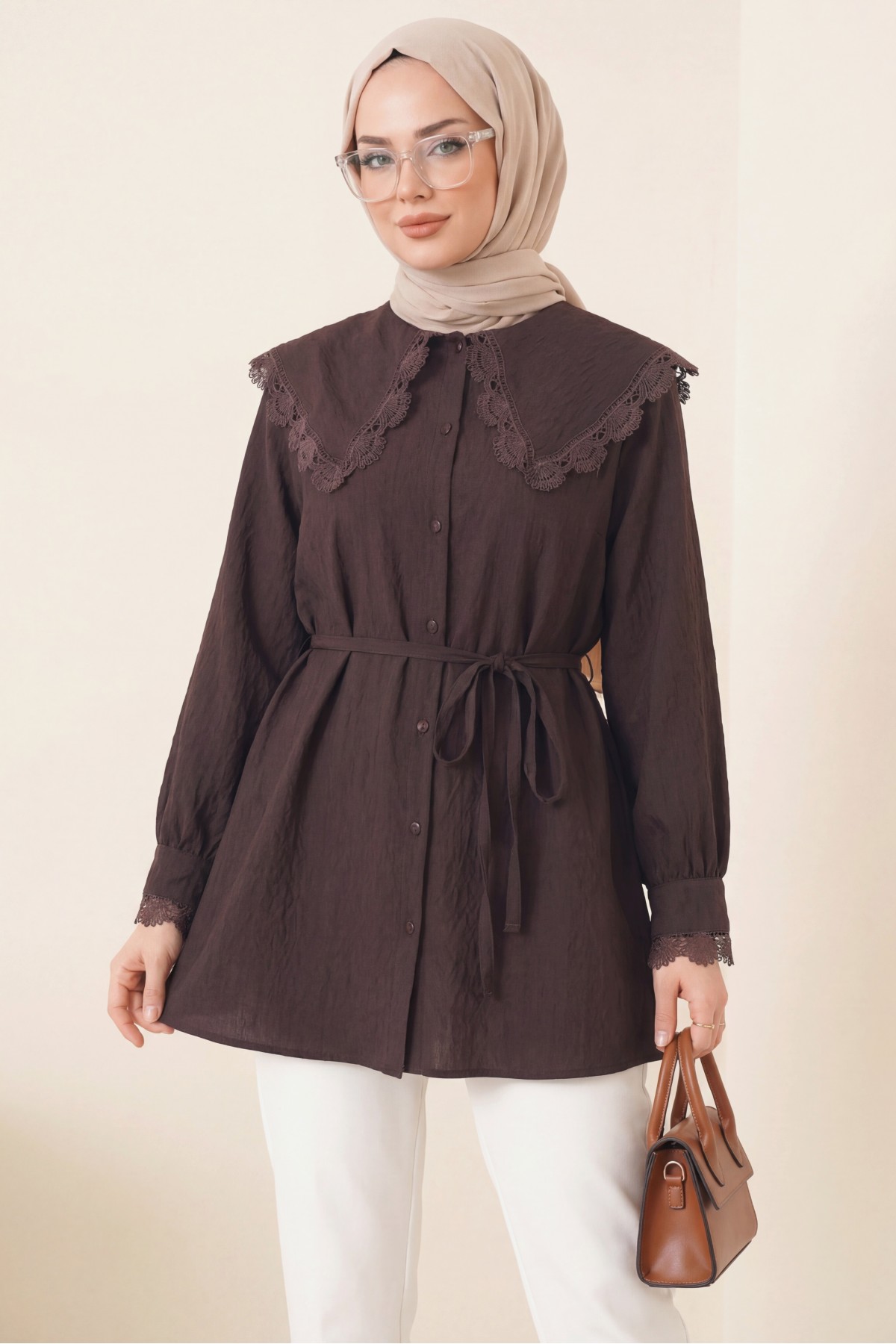 Bebe Yaka Fistolu Beli Bağcıklı Modal Tunik  -Mürdüm