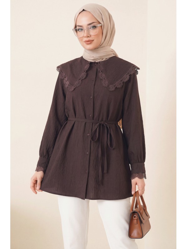 Bebe Yaka Fistolu Beli Bağcıklı Modal Tunik  -Mürdüm