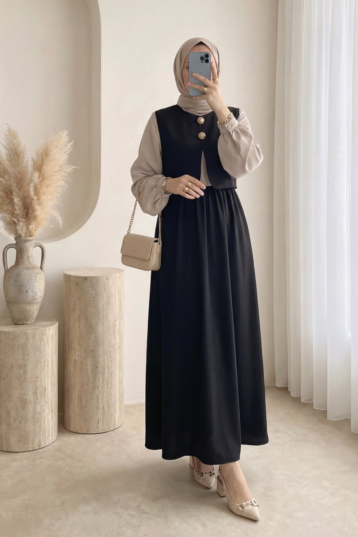 Beli Lastikli Yarım Düğmeli Zra Cupra Yelek Elbise Takım -Siyah