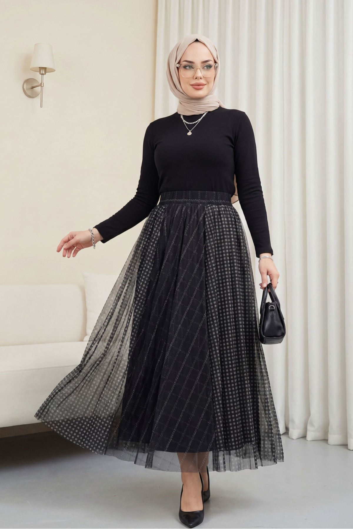 Kare Desen Beli Lastikli Astarlı Tül Etek -Siyah