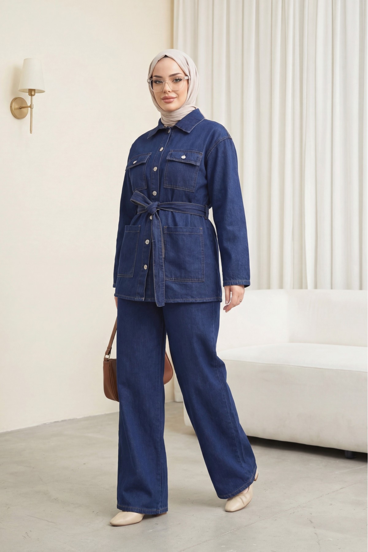 Beli Kemerli Cepli Önü Düğmeli Kot Takım   -Laci