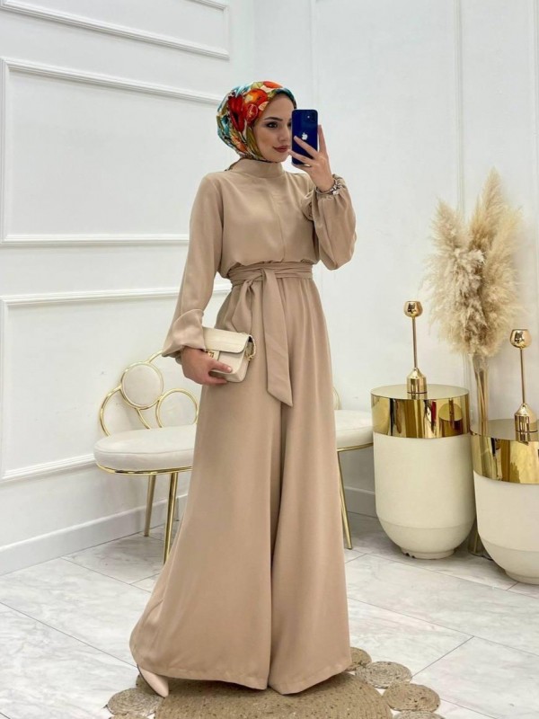 Dik Yaka Kemerli Güllü Tulum  -Vizon