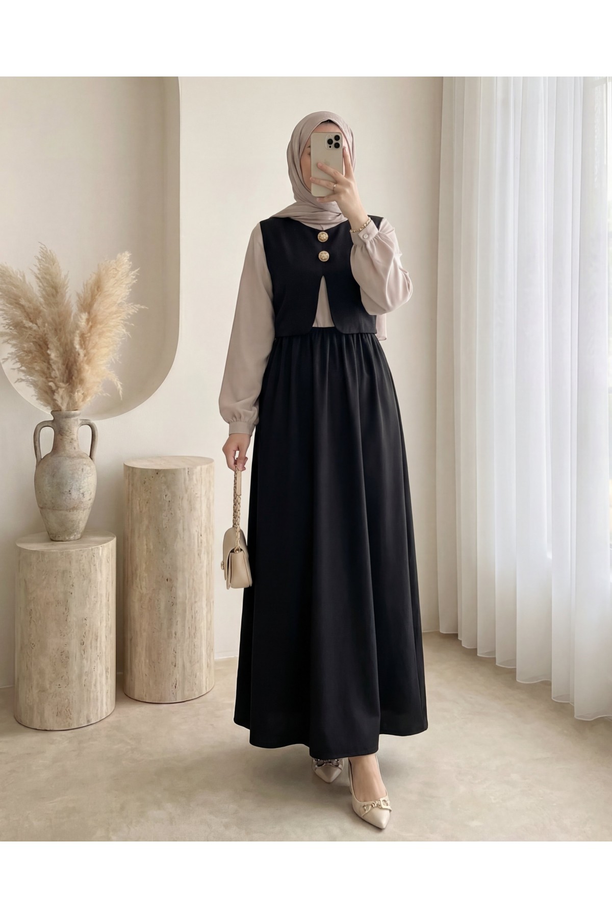 Beli Lastikli Yarım Düğmeli Zra Cupra Yelek Elbise Takım -Siyah