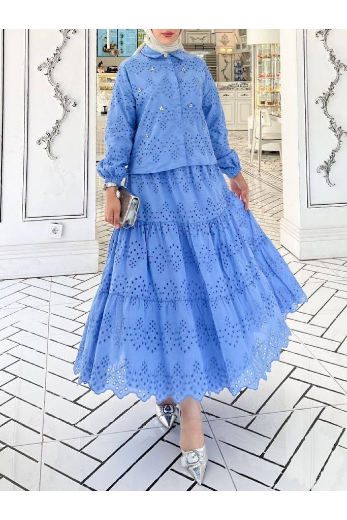 Fisto Detaylı Etekli Takım -Mavi