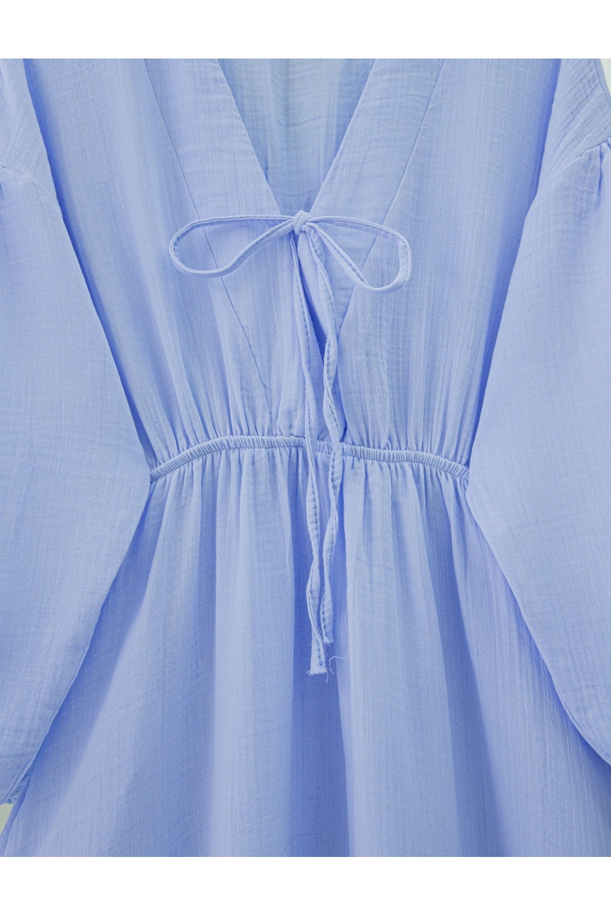Yakası Bağlamalı Kolu Ve Beli Lastikli Müslin Elbise -Bebe Mavi