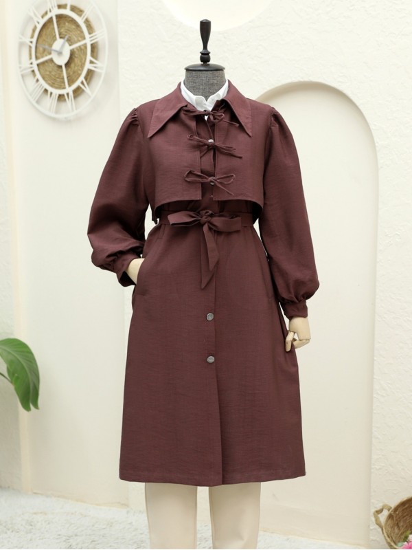 Önü Bağlama Detaylı Düğmeli Cepli Trençkot -Mürdüm