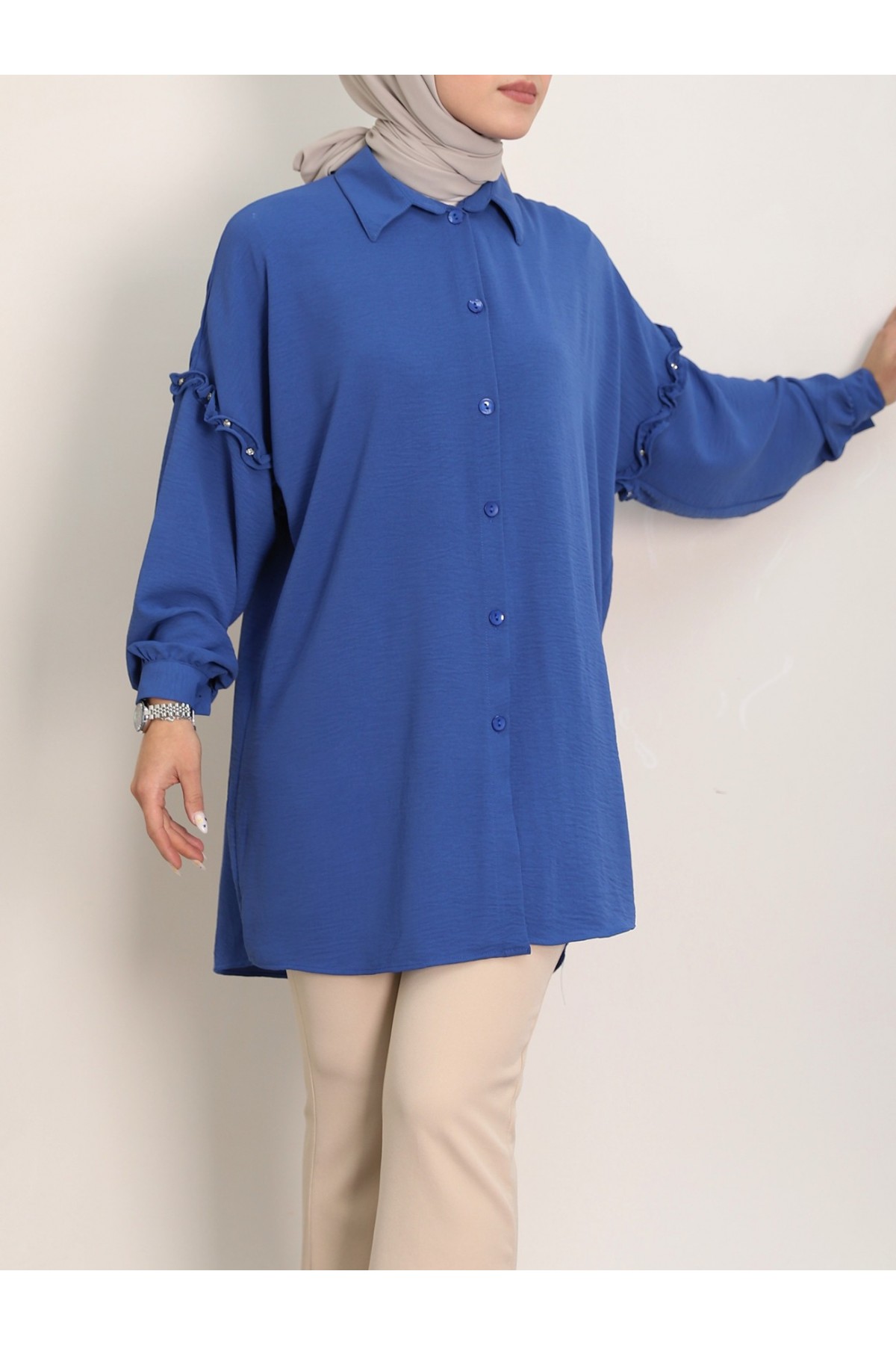 Kolları Taşlı Fırfırlı Salaş Ayrobin Tunik  -İndigo