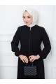 Parçalı Kolu Lastikli Boydan Fermuarlı Ferace -Siyah