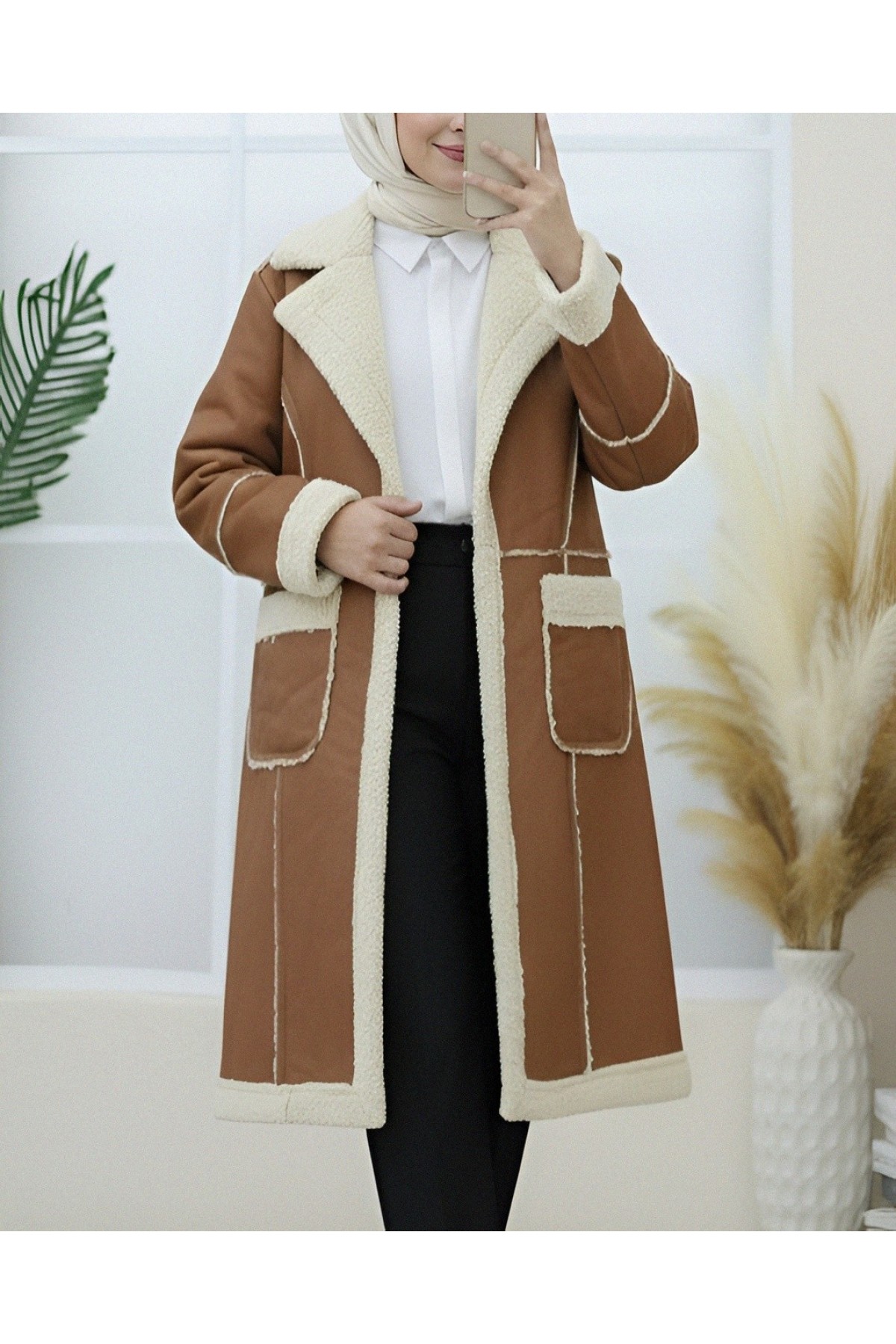 İçi Peluşlu Çıtçıtlı Cepli Deri Mont -Taba