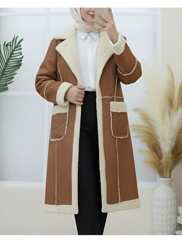 İçi Peluşlu Çıtçıtlı Cepli Deri Mont -Taba