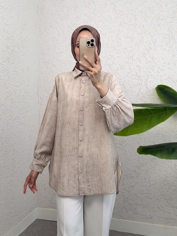 Yırtmaçlı Eteği Oval Kesim Gömlek -Açık Vizon