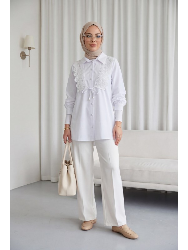 Önü Dantelli Bağlama Detaylı Düğmeli Poplin Gömlek -Beyaz