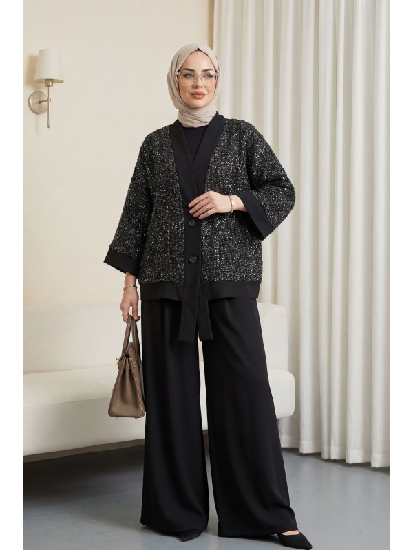 Pul Payet File Hırkalı 3'lü Sendy Takım  -Siyah