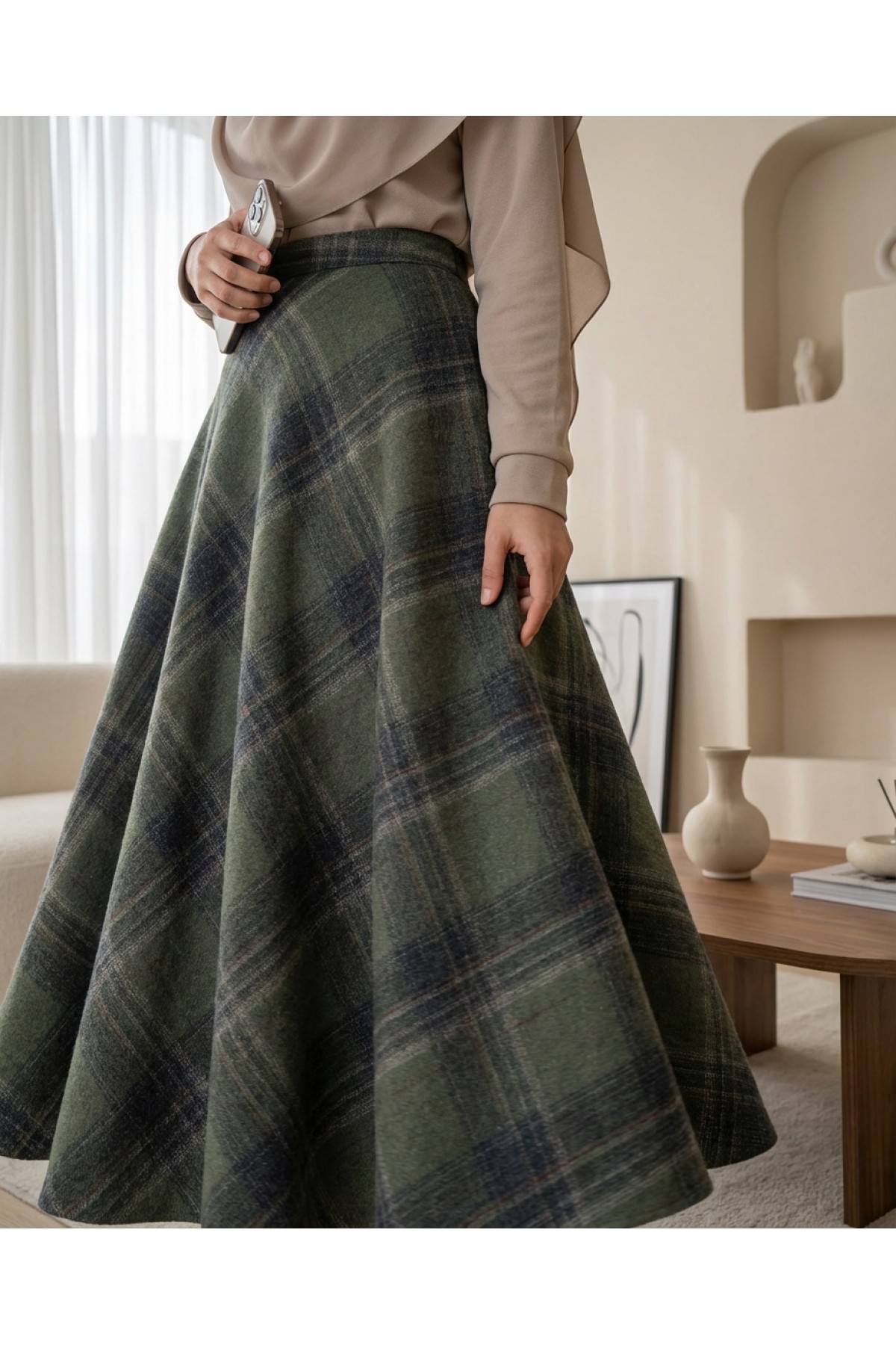 Ekose Desenli Yanı Fermuarlı  Kaşe Çan Etek -Haki