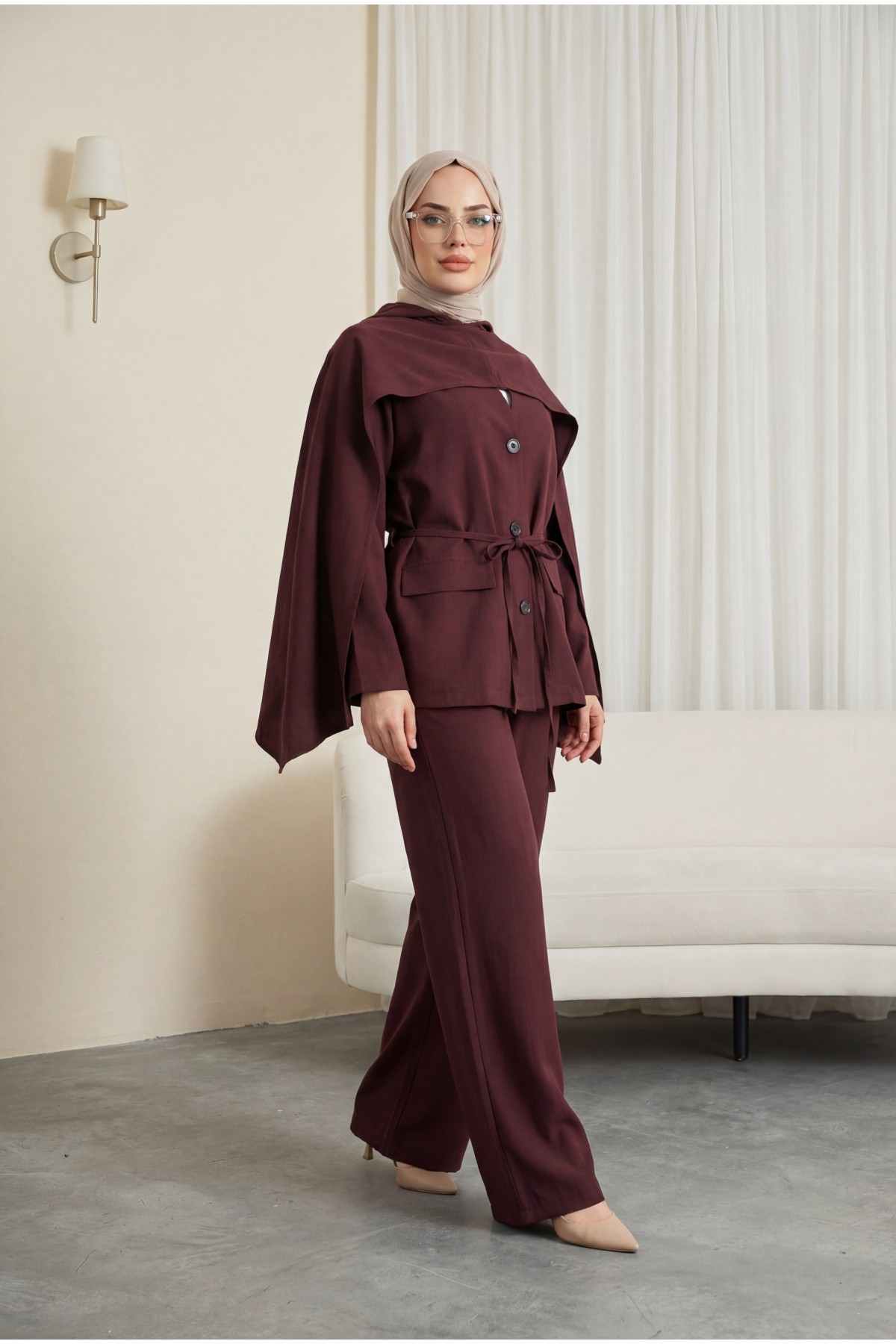 Cep Detaylı V Yaka Bağcıklı Fularlı Paraşüt Takım  -K. Bordo