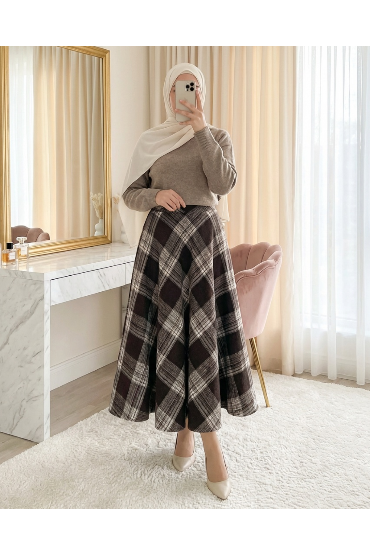 Ekose Desenli Yanı Fermuarlı  Kaşe Çan Etek    -Kahve