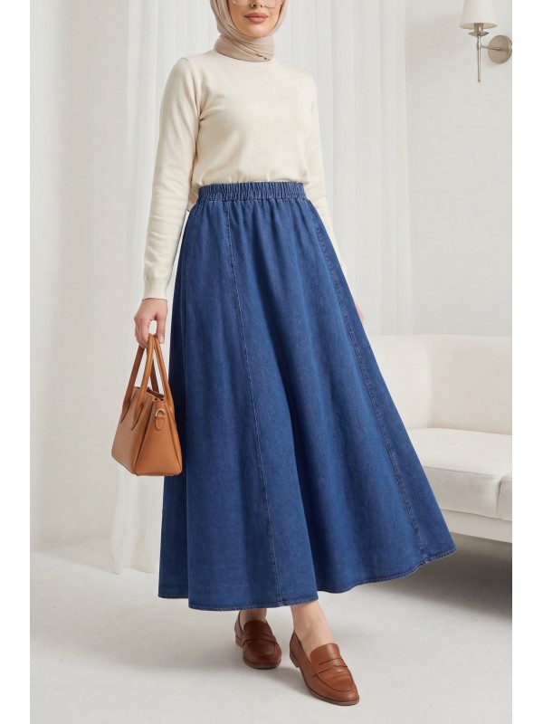 Yan Cepli Beli Lastikli Kot Etek -Koyu Mavi