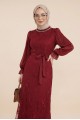Dik Yaka Kolları Janjan Şifon Kemerli Dantel Elbise -Bordo