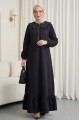 Bebe Yaka Yarım Fermuarlı İnci Detaylı Kemerli Kot Elbise  -Siyah