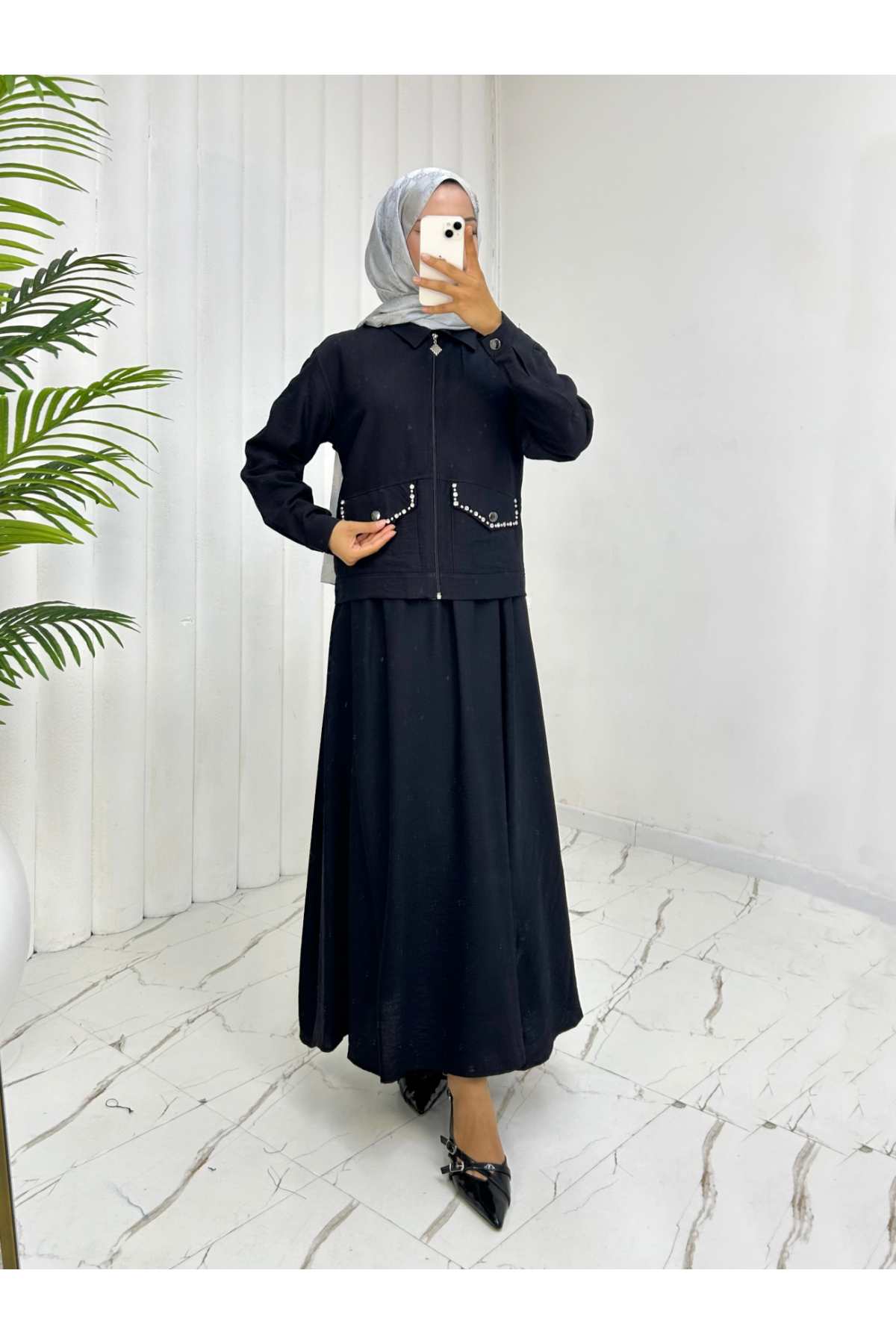 Fermuarlı Ceketli Beli Lastikli Etekli Keten Takım -Siyah