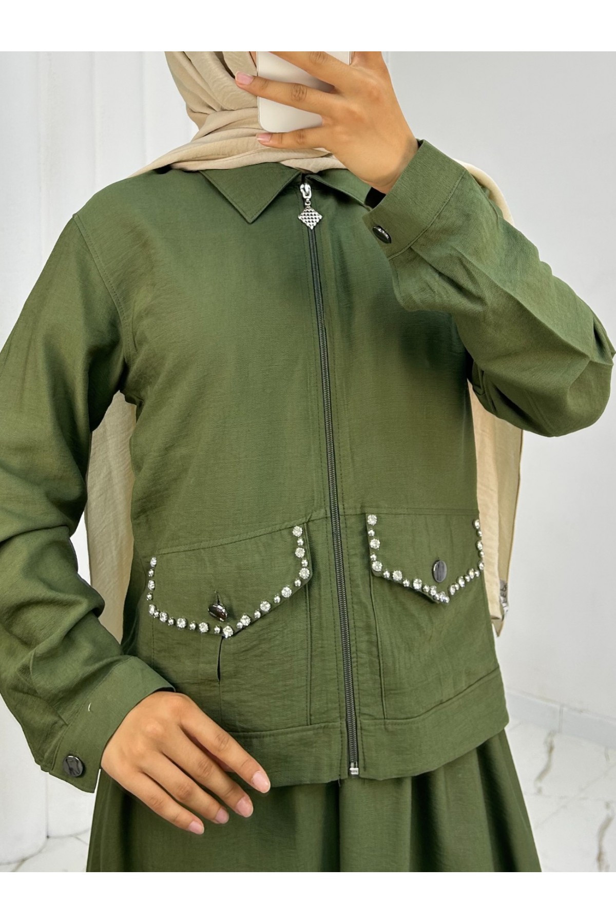 Fermuarlı Ceketli Beli Lastikli Etekli Keten Takım -Haki